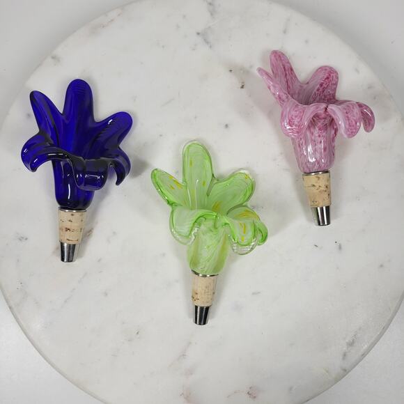Vtg Murano 3pcs Crystal Flower Cork Stopper Pink Blue Green Hand Blown Art Glass - Picture 2 of 12